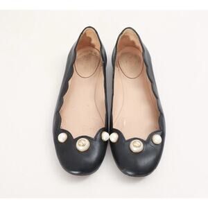 Gucci Black Leather Ballet Flats GG Logo Pearl Studs EU 37 US 7 w/ Dust Bag